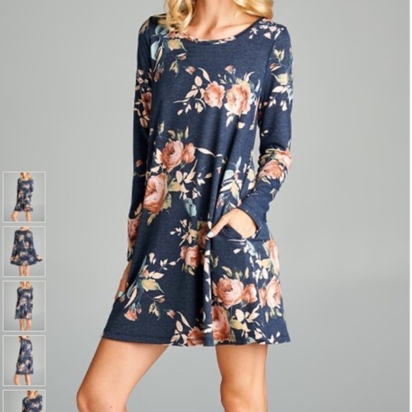 NWT Navy Floral Long-Sleeve Shift Dress - Picture 1 of 9